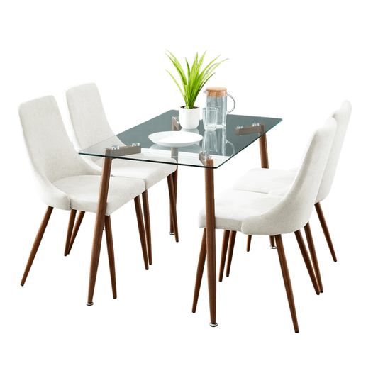 Abbot/Cora 5pc Dining Set in Walnut with Beige Chair