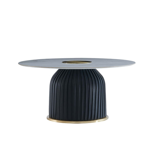 The Bellini Modern Living Jacky Coffee Table Features a round, disc-shaped white ceramic top adorned with a striking gold chrome circle at its center. The eye-catching design continues with a beautiful black polyurethane base The base starts narrow in the middle top and gracefully opens up to straight parallel lines as it descends. The very bottom of the base boasts a gold chrome accent