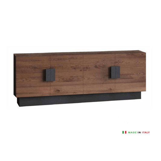 Stands proudly atop a solid black base, exuding a sense of stability and sophistication. Its four doors, featuring a walnut structure, showcase a captivating wood and ring pattern that adorns the entire surface. The shelves within provide ample space for organizing and displaying items, catering to the needs of a modern lifestyle