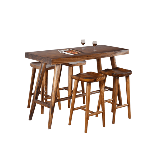 Suar Wood Slab Bar Table 63" In With 4 Stools Set of 5 (KIT)