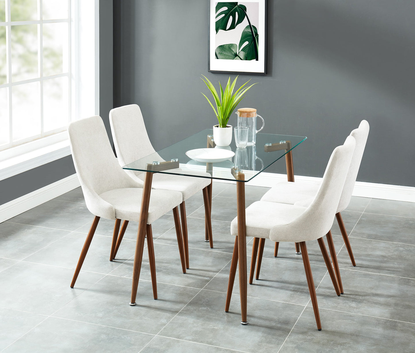 Abbot/Cora 5pc Dining Set in Walnut with Beige Chair