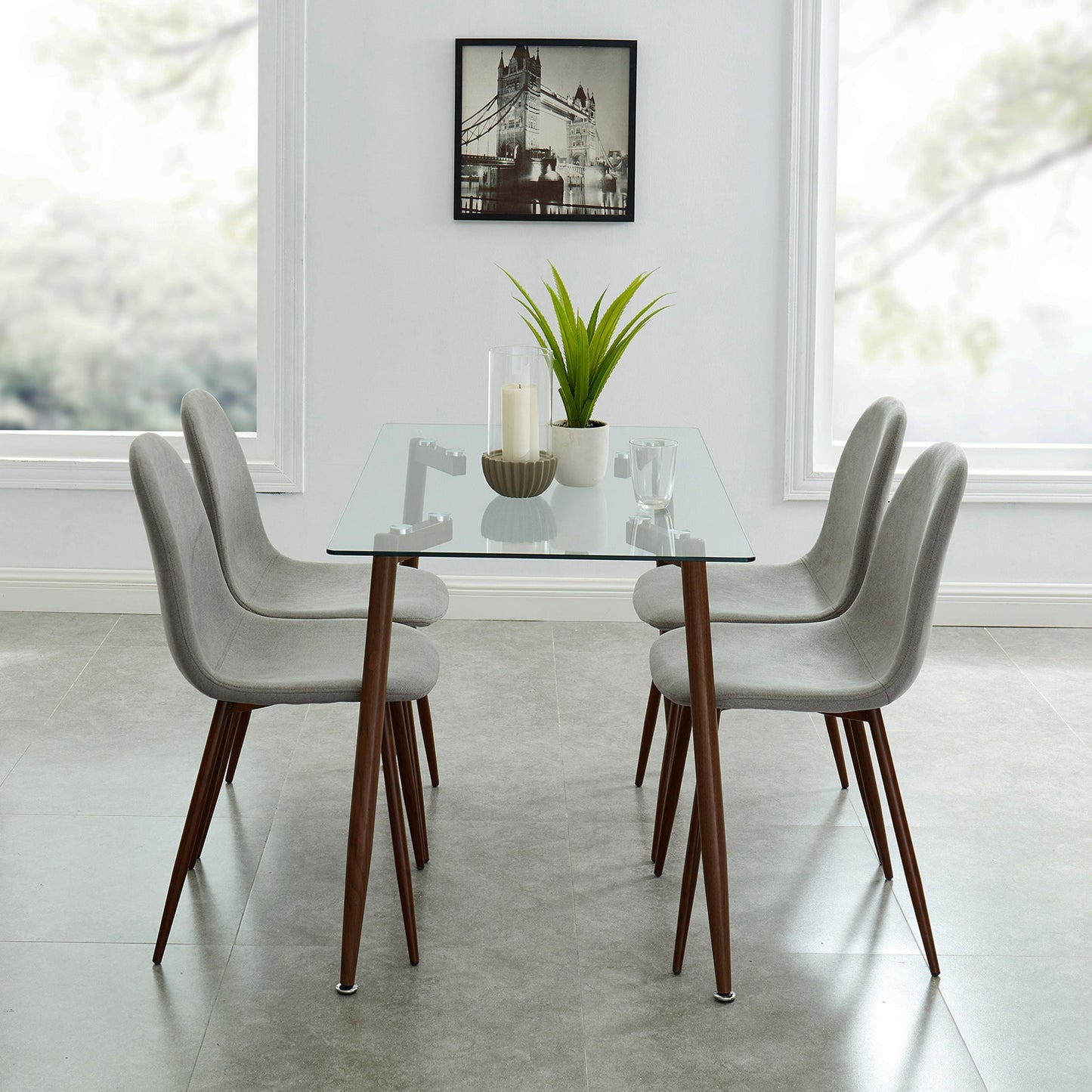 Abbot/Lyna 5pc Dining Set in Walnut with Grey Chair