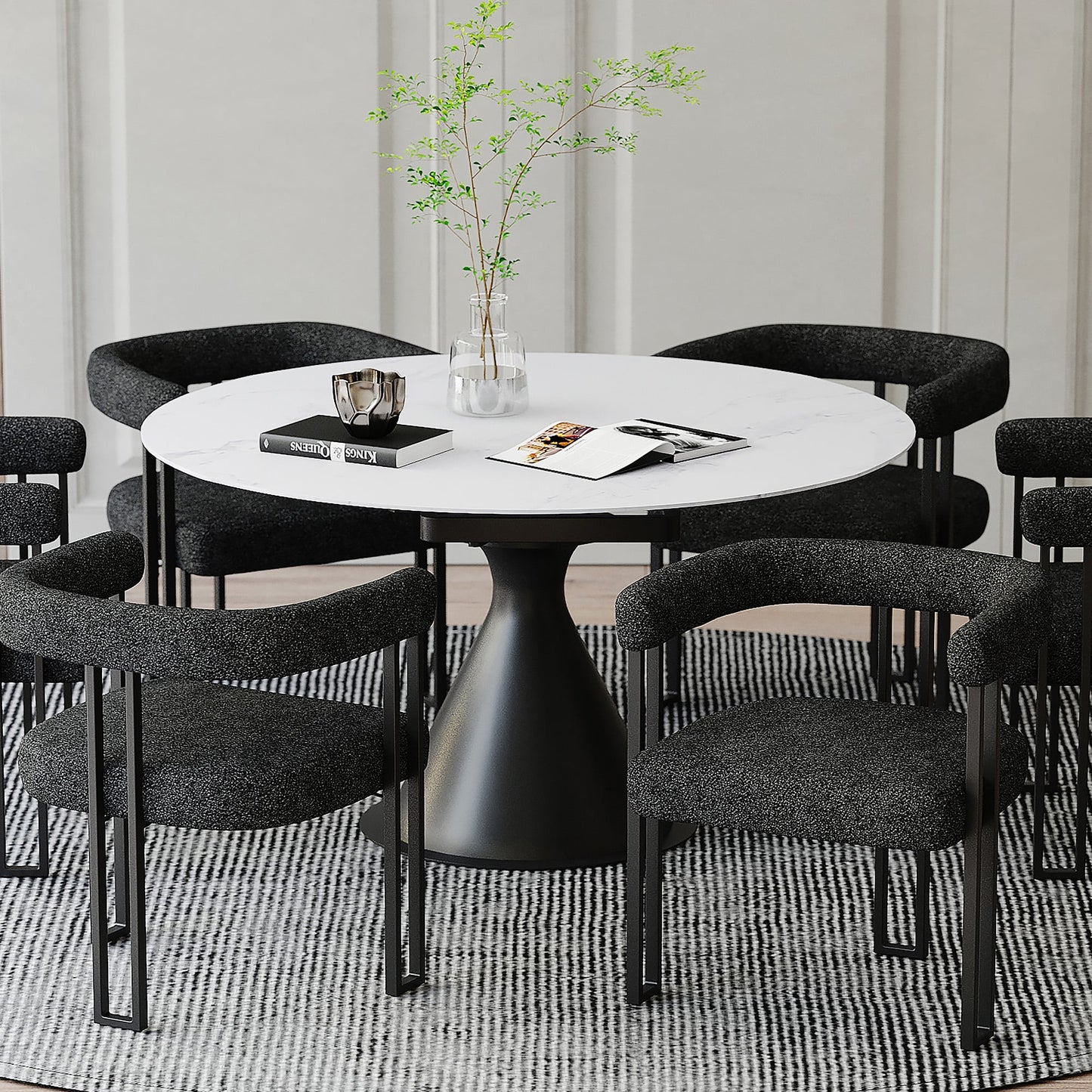 Calisto Round Pedestal Dining Table w/ Extension in White and Black