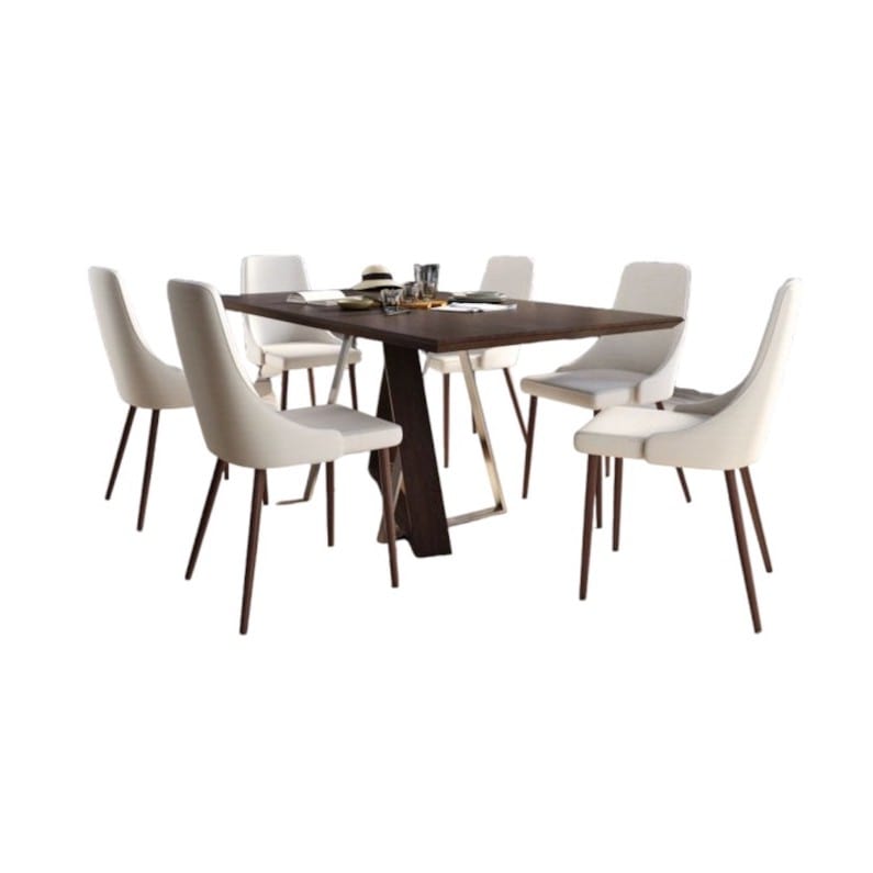 Drake/Cora 7pc Dining Set in Walnut with Beige Chair