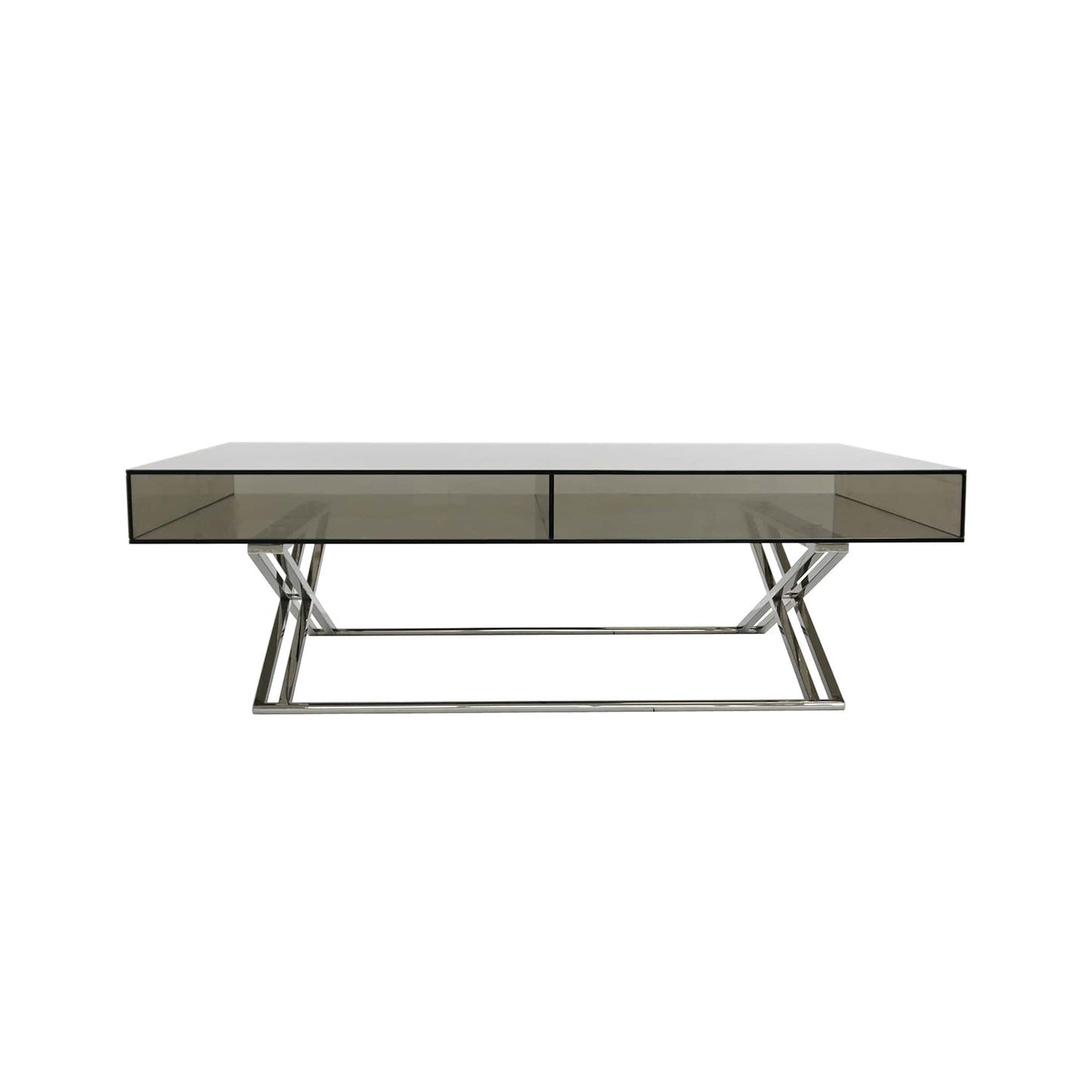 The Gatsby Coffee Table features a luxurious 8MM smoked tempered glass top, with a rich tawny hue and a unique split design that evokes the elegance of a drawer. The unique design divides the table top in half, with the back end elegantly enclosed and the front end open, offering a dynamic and versatile element to the table's composition.