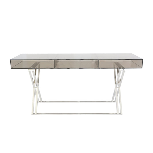 The Gatsby Sofa Table features an 8MM smoked tempered glass top, exuding a rich, tawny hue and uniquely divided into three drawer-like compartments. The distinctive design creates a visual allure reminiscent of individual drawers, with the back end gracefully enclosed and the front end left open, offering a dynamic and versatile element to the table's composition.