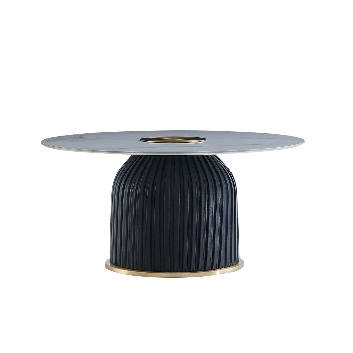 The Bellini Modern Living Jacky Coffee Table Features a round, disc-shaped white ceramic top adorned with a striking gold chrome circle at its center. The eye-catching design continues with a beautiful black polyurethane base The base starts narrow in the middle top and gracefully opens up to straight parallel lines as it descends. The very bottom of the base boasts a gold chrome accent