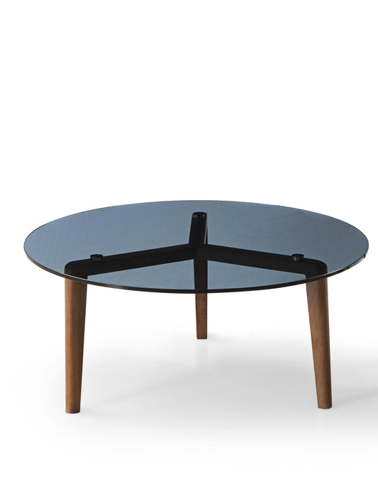 This exquisite piece boasts a stunning 10mm smoked, tempered glass top, measuring 39 inches in diameter. The walnut base is a work of art in itself, showcasing three legs diagonally joined at the center, creating a mesmerizing visual effect that can be beautifully observed through the glass top.