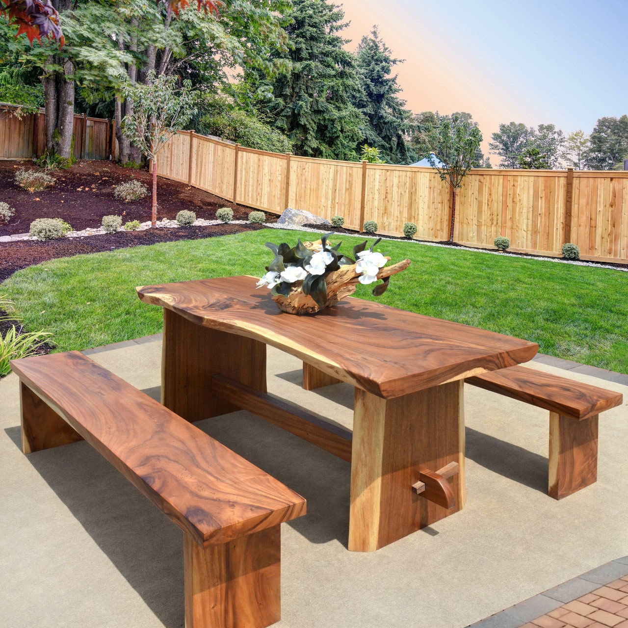 Suar Wood Table Set With 2 Benches