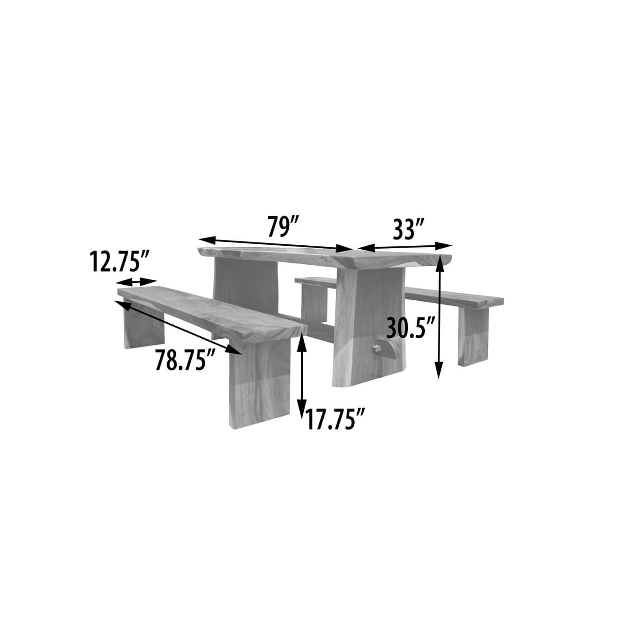 Suar Wood Table Set With 2 Benches