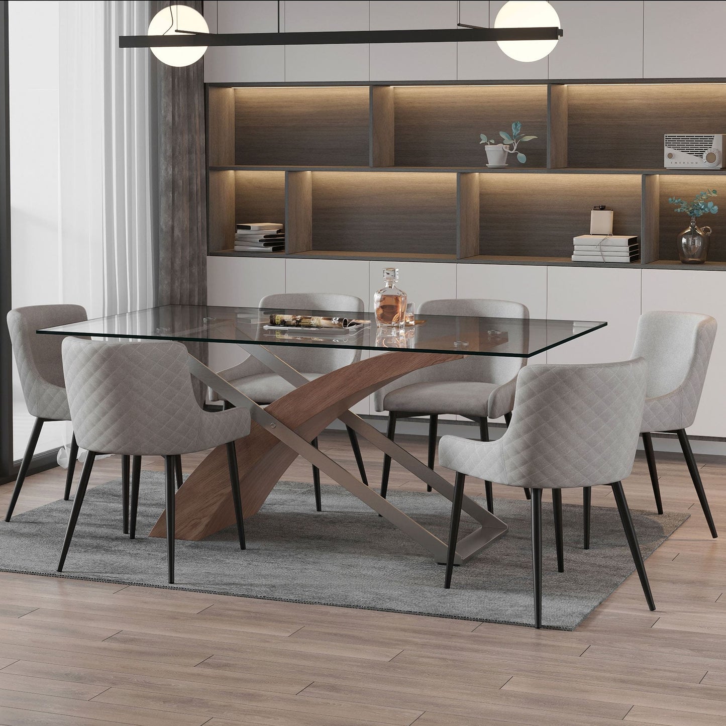 Veneta/Bianca 7pc Dining Set in Walnut with Black & Grey Chair