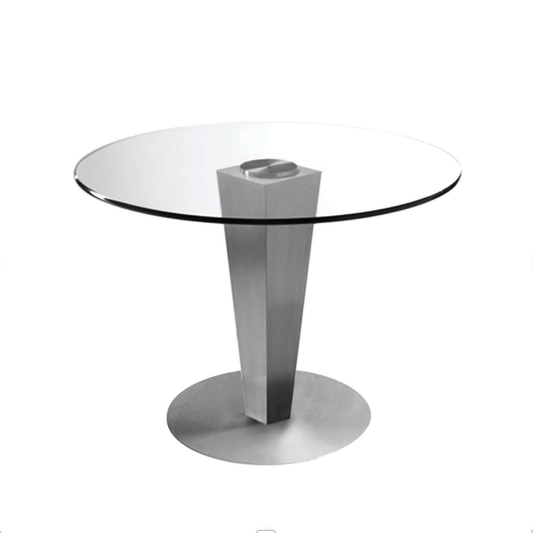 Features a 12mm round, tempered glass top Complementing this elegant top is a brushed stainless steel base The steel base is a striking centerpiece, crafted in a perfect square at the center of the table, gently narrowing as it descends towards the floor on a circular base.