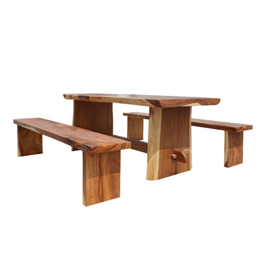 Suar Wood Table Set With 2 Benches